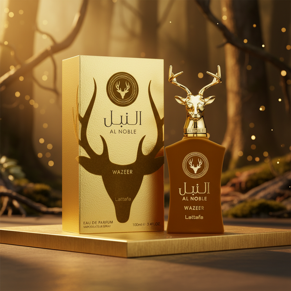 Al Noble Wazeer by Lattafa perfume with luxury background