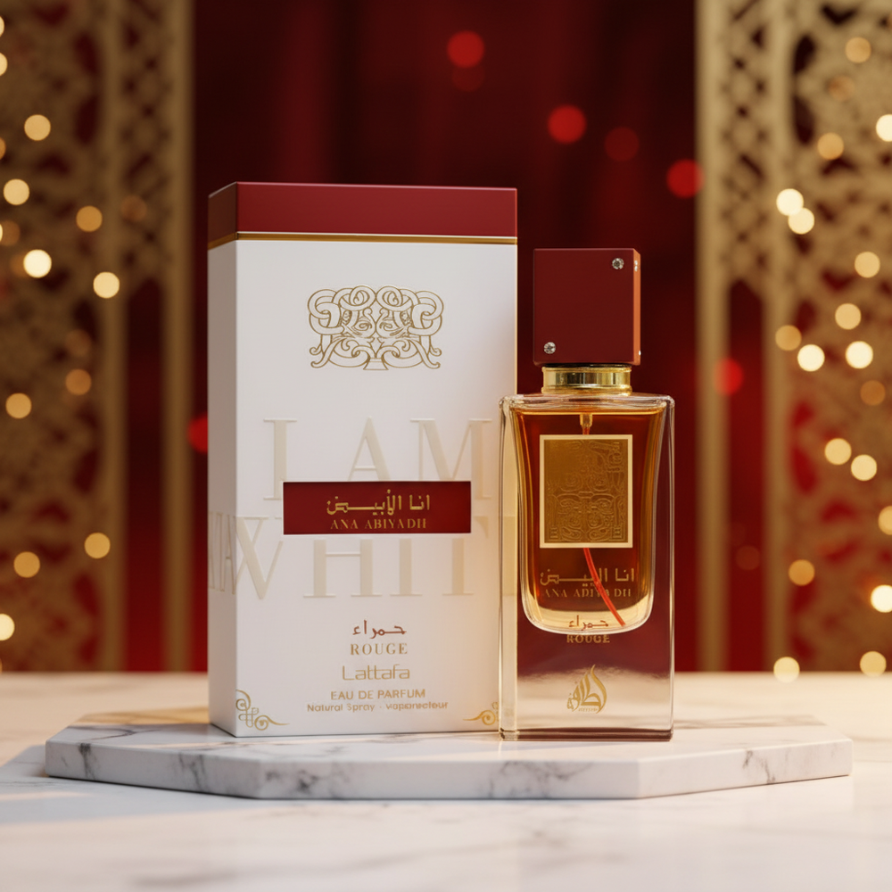 Ana Abiyedh Rouge by Lattafa perfume with luxury background