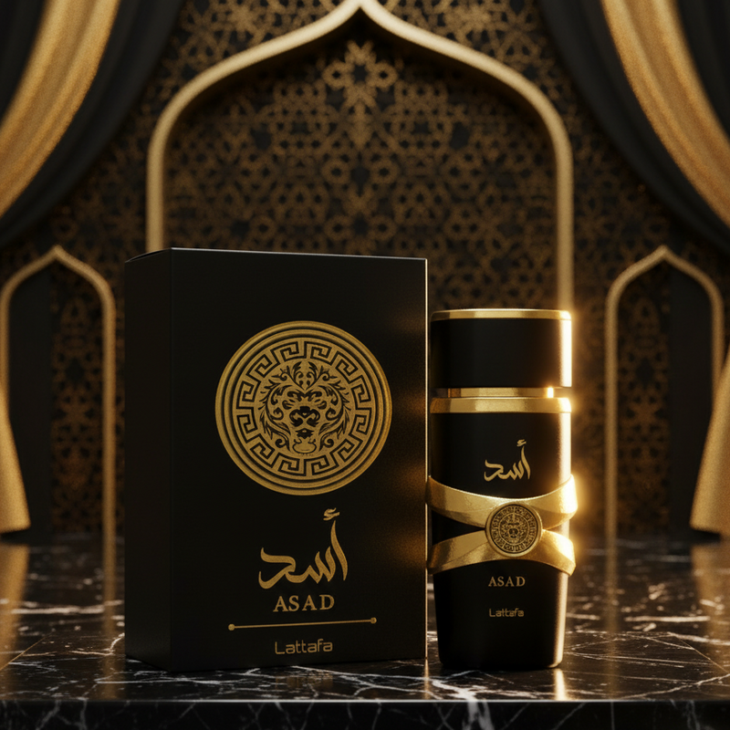 Asad by Lattafa perfume with luxury background