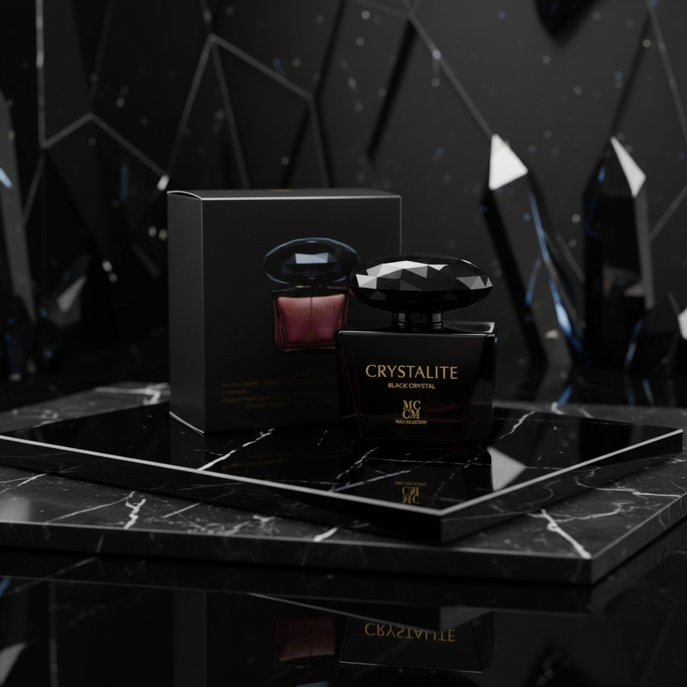 Crystalite Black Crystal perfume with luxury background